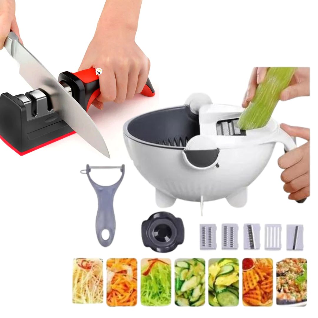 RALLADOR Y ESCURRIDOR 9 en 1 + AFILADOR DE CUCHILLOS DE REGALO