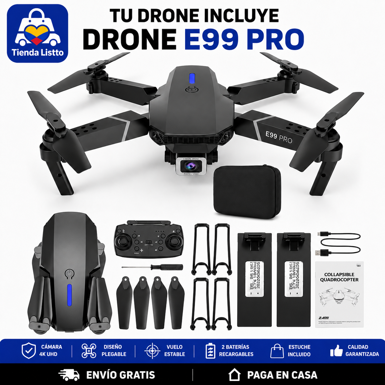 Drone E99 Pro Plegable + Batería Extra Incluida