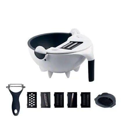 RALLADOR Y ESCURRIDOR 9 en 1 + AFILADOR DE CUCHILLOS DE REGALO